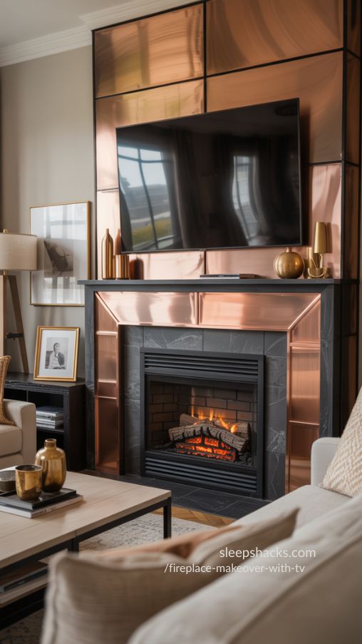 Mixed Metal Fireplace Makeover With TV – Luxurious Contemporary Living Room