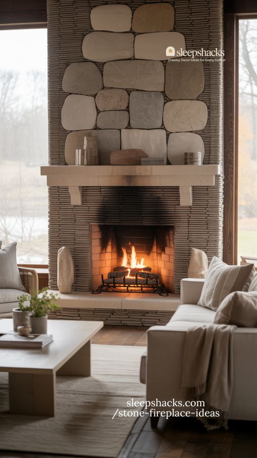 Mixed Shapes and Textures Stone Fireplace Ideas for Inviting Living Rooms