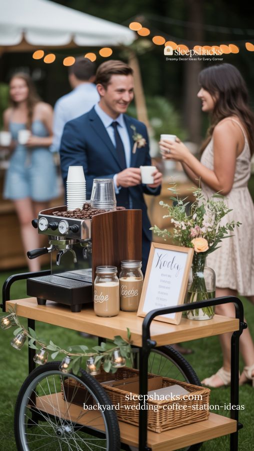 Mobile Coffee Cart Backyard Wedding Setup with Espresso, Iced Lattes, and Floral Decor
