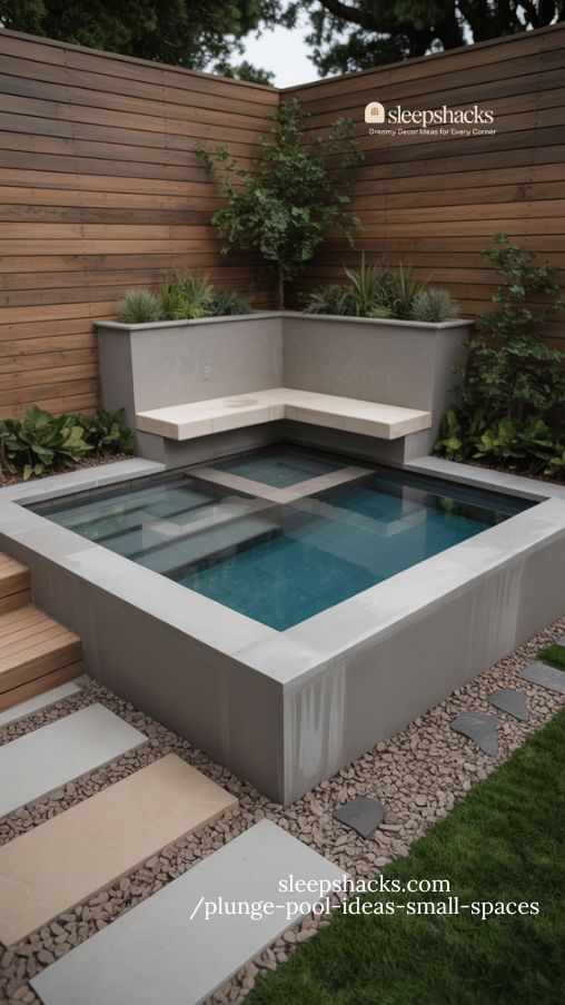 Modern Square Concrete Plunge Pool with Bench