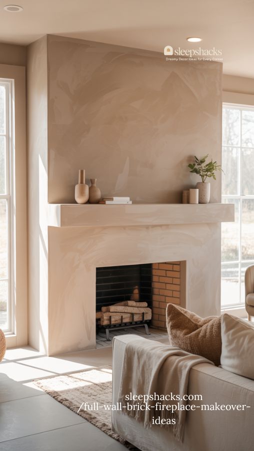 Modern Stucco Over Brick Fireplace Makeover for a Sleek Living Room