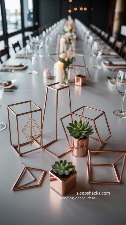 Modern wedding table with minimalist geometric metallic centerpieces, single flowers, and candles creating a clean contemporary look