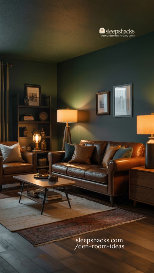 Moody Man Cave Den with Deep Green Walls and Leather Accents