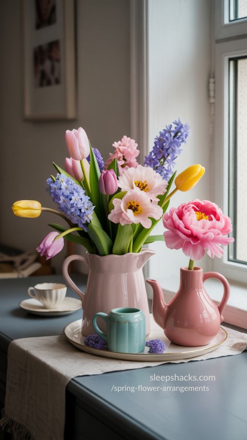 Create a bright, cheerful interior scene featuring photorealistic candy-colored bouquets with tulips, hyacinths, peonies, and forget-me-nots arranged in playful, unconventional vessels such as teapots, quirky vases, or small pitchers. Emphasize pastel shades and a mix of textures to create a soft, uplifting, and joyful atmosphere. Place the arrangements on a dining table, sideboard, or windowsill with natural spring light streaming in. Include minimal props like a linen runner, delicate teacups, or a small tray to enhance the personal and creative feel. Lighting should highlight the delicate petals, pastel colors, and playful vessels, creating a warm, cheerful, and festive spring ambiance perfect for Mother’s Day. Style: Photorealistic, cozy, lifestyle home photography, editorial Focus Keywords: Candy-colored bouquets, pastel spring flowers, creative Mother’s Day arrangement