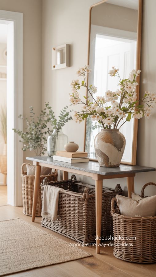 Natural Wood and Wicker Spring Entryway Styling