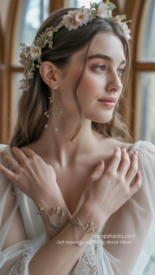 Nature-Inspired Bridal Accessories for Art Nouveau Wedding with Floral and Metallic Details