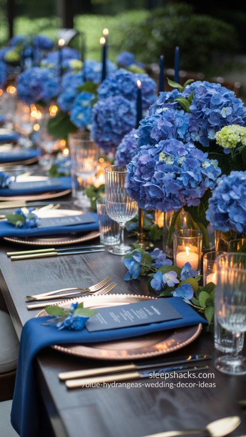 Navy and Blue Hydrangea Luxury Wedding Tablescape Inspiration