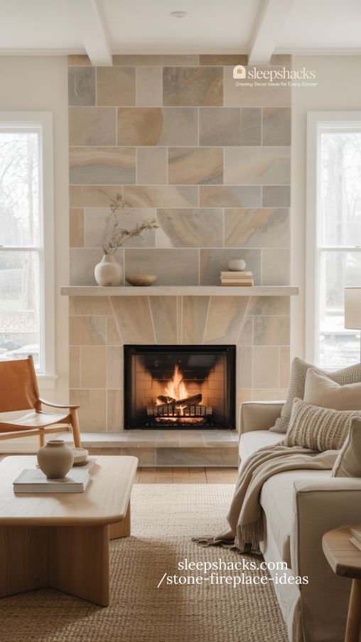 Neutral Color Stone Fireplaces for Timeless Living Room Design