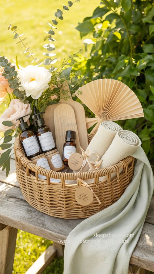 Outdoor wedding basket with sunscreen, bug spray, towels, and seasonal flowers on a rustic table
