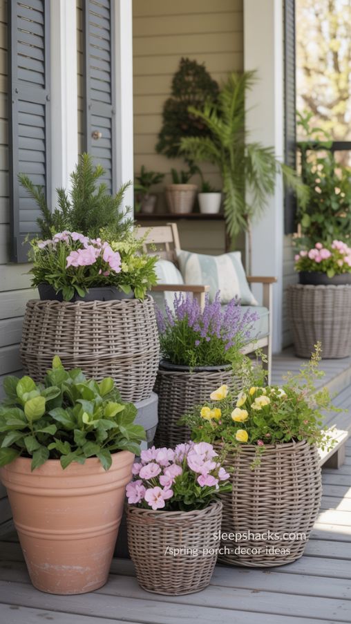 Oversized Wicker and Terra Cotta Planters