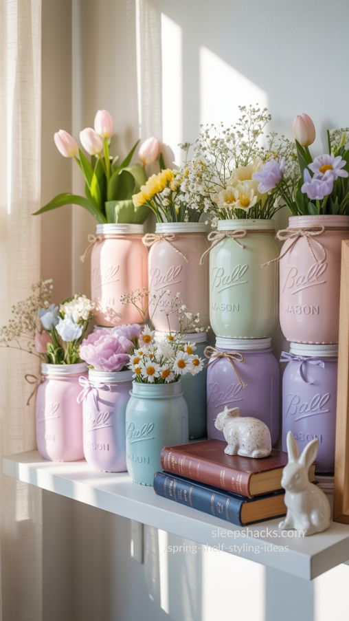 Painted Mason Jars as Vase Accents – Easy Spring Shelf Styling Idea