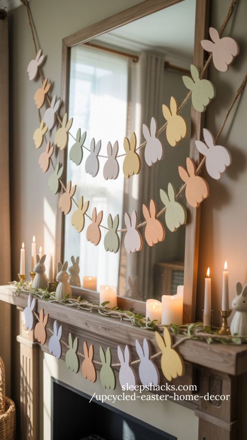 Paper Bunny Garland Hanging Over Rustic Mantel