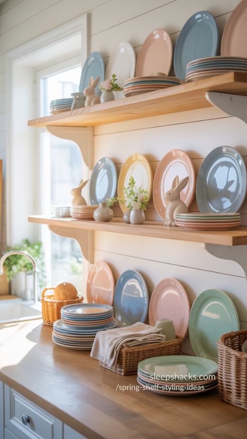Pastel Plate Display for Kitchen Shelves – Fresh Spring Styling Idea