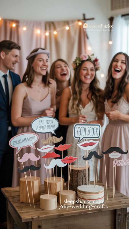 Playful DIY Wedding Photo Booth Props with Romantic Backdrop