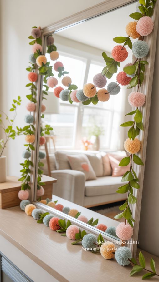 Pom-Pom and Leaf Mixed Garland Adding Texture and Charm to a Spring Living Space