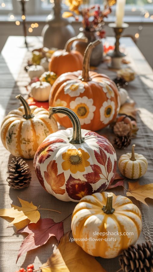 Pressed Flower Pumpkins for Elegant Fall and Thanksgiving Decor