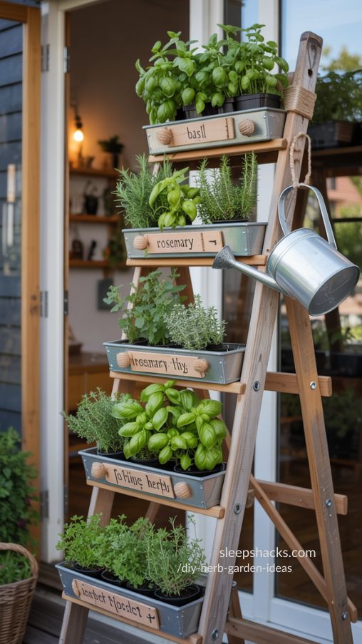 Repurposed Wooden Ladder Herb Garden