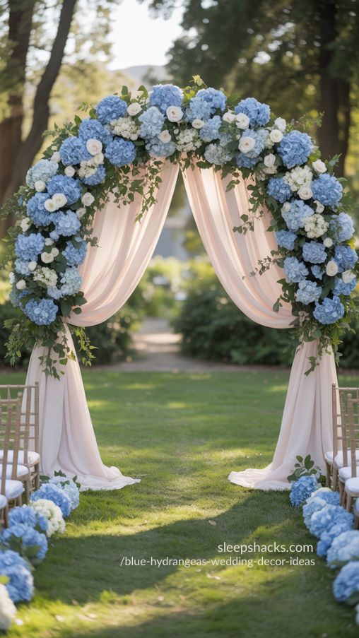 Romantic Blue Hydrangea Wedding Ceremony Arch Inspiration