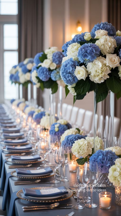 Romantic Blue and White Hydrangea Wedding Reception Inspiration