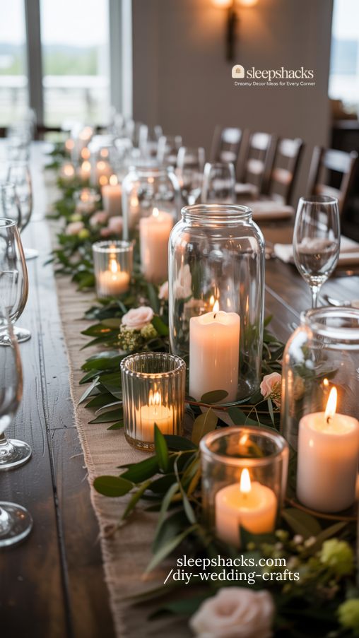 Romantic Candlelit Wedding Centerpieces with Greenery and Florals