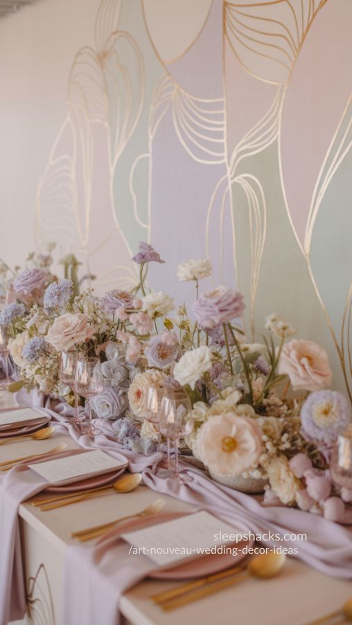 Romantic Pastel Art Nouveau Wedding Decor with Soft Gold Accents