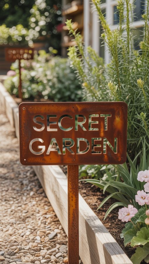 Rusted Metal Garden Signage for Charming Outdoor Spaces