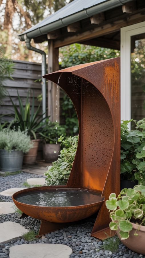 Rusted Metal Rain Catchers That Blend Function and Garden Art
