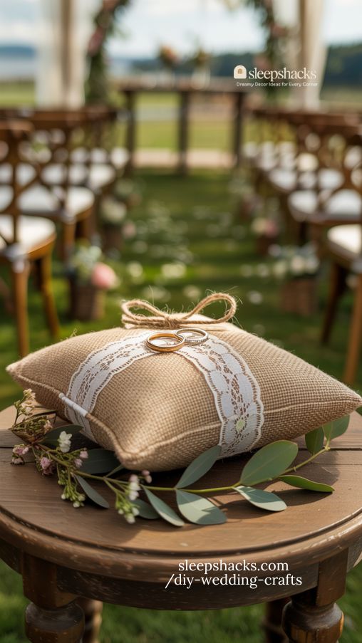 Rustic Burlap and Lace Wedding Ring Pillow with Floral Accents
