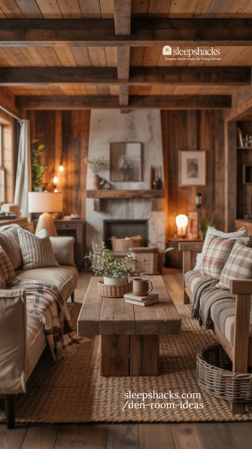 Rustic Cabin-Inspired Den with Warm Wood and Cozy Textiles