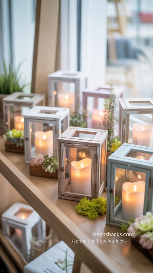 Rustic Lanterns with Spring Candles – Cozy Spring Shelf Styling Idea