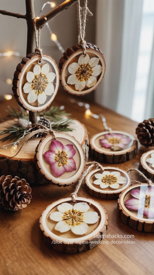 Rustic Pressed Flower Wood Slice Ornaments for Holiday Home Decor
