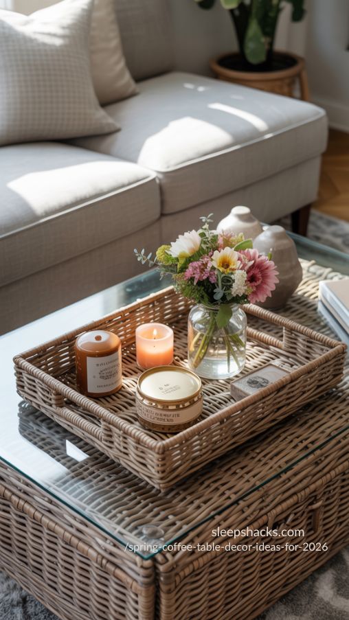 Rustic Rattan Tray with Fresh Spring Blooms