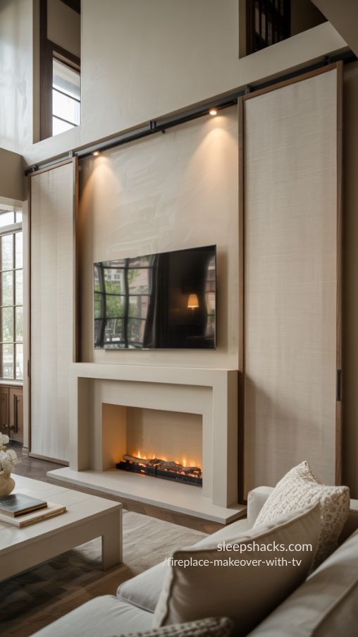 Ultra-realistic interior photography of a sophisticated living room featuring a fireplace makeover with a hidden TV behind sliding wall panels. The fireplace has a clean, modern plaster surround in warm off-white, with a slim linear fire glowing softly beneath. Above it, custom sliding panels seamlessly match the wall finish, creating a flush, built-in architectural look. Capture two subtle storytelling elements in one frame: one panel partially open to reveal the mounted TV behind it, while the other side remains closed to show the seamless design. The sliding mechanism appears smooth and discreet, with heat-safe materials integrated above the fireplace. Style the room with a neutral sectional sofa, textured throw blankets, a minimalist coffee table, and tall ceilings enhancing the airy open layout. Soft daylight streams in, paired with warm recessed lighting for balance. Rustic Reclaimed Wood Mantel Fireplace Makeover With Mounted TV – Cozy Farmhouse Style (1)