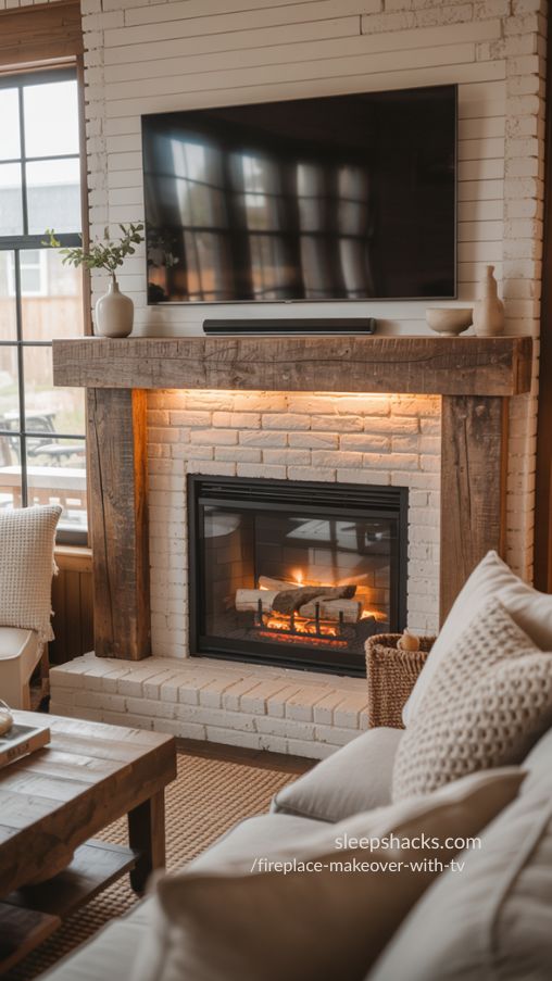 Rustic Reclaimed Wood Mantel Fireplace Makeover With Mounted TV – Cozy Farmhouse Style