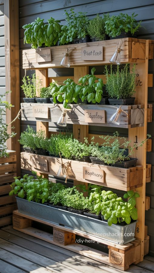 Rustic Vertical Pallet Herb Wall with Lush Green Herbs