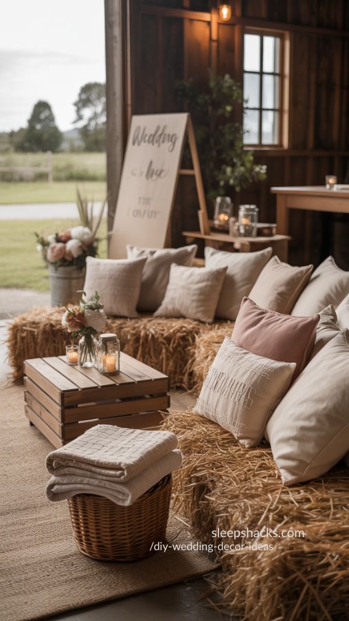 Rustic Wedding Lounge Corner with Cozy Textures and Thoughtful Details