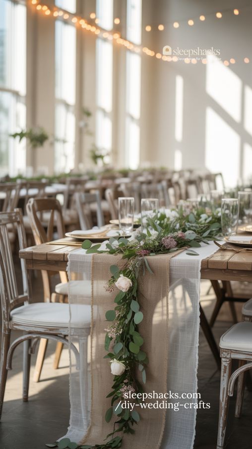 Rustic Wedding Table Runner with Lush Greenery and Soft Blooms