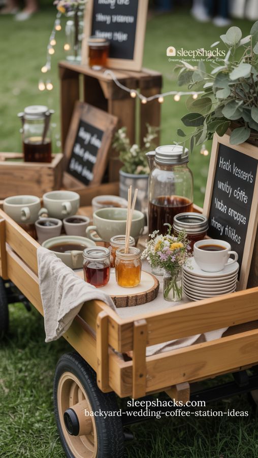 Rustic Wooden Wagon Backyard Wedding Coffee Station with Hot and Iced Coffee
