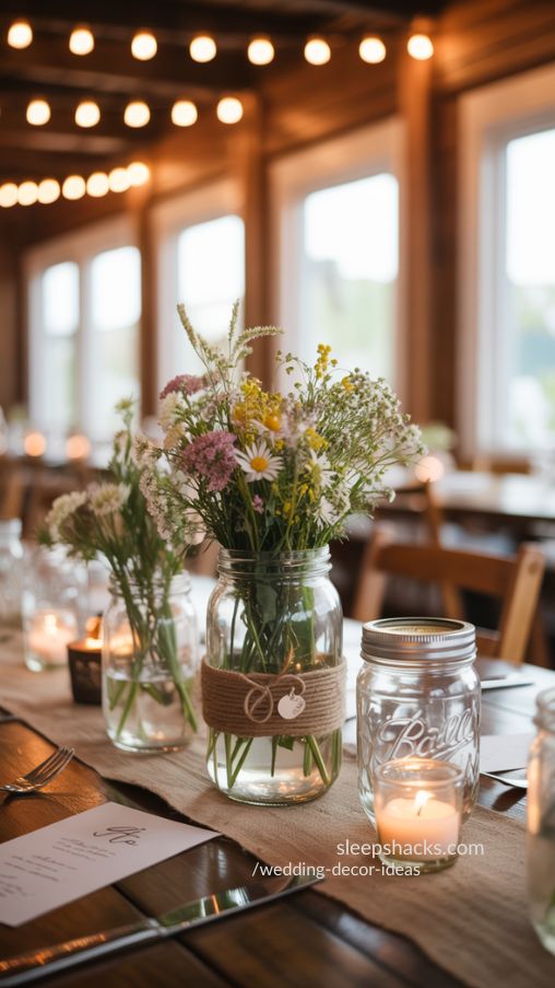 Rustic wedding table with mason jar centerpieces, seasonal flowers, twine accents, and candlelight