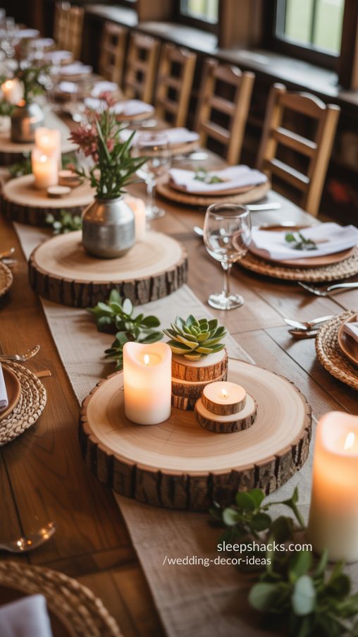 Rustic wedding tables with wood slice centerpieces, candles, succulents, and greenery creating a cozy, intimate atmosphere