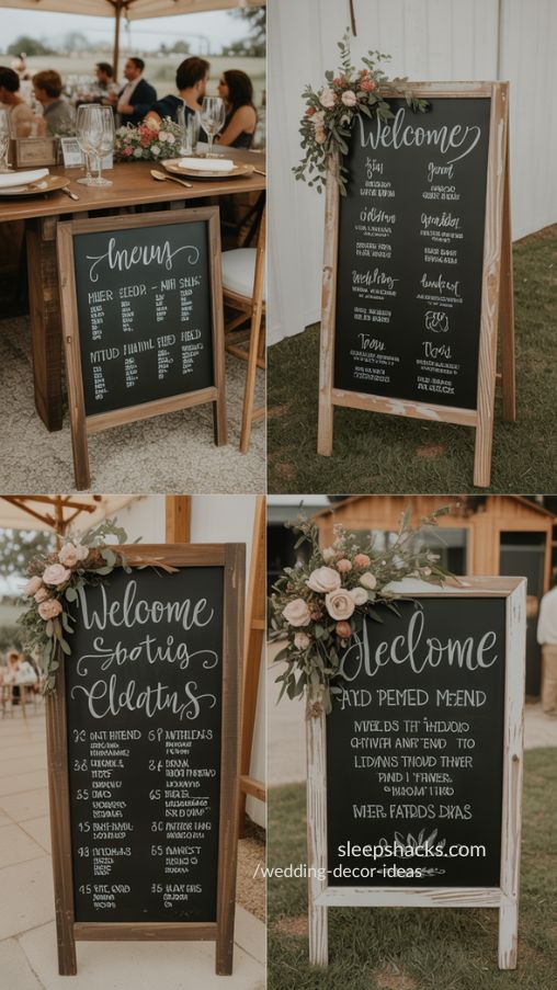 Rustic wooden chalkboards with hand-lettered wedding menus and small floral accents creating a charming wedding decor element