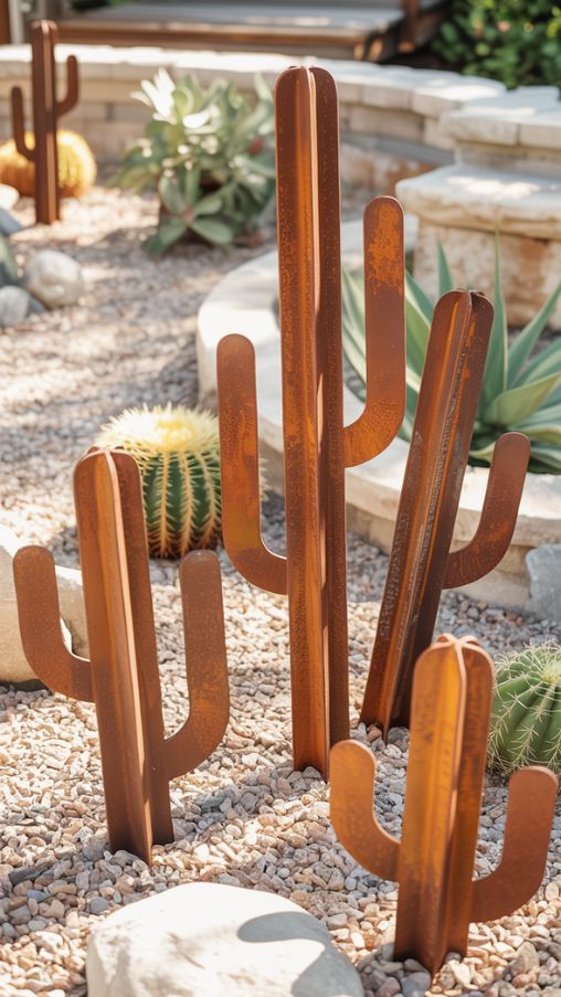 Rusty Metal Cactus Sculptures for Whimsical Desert Garden Decor