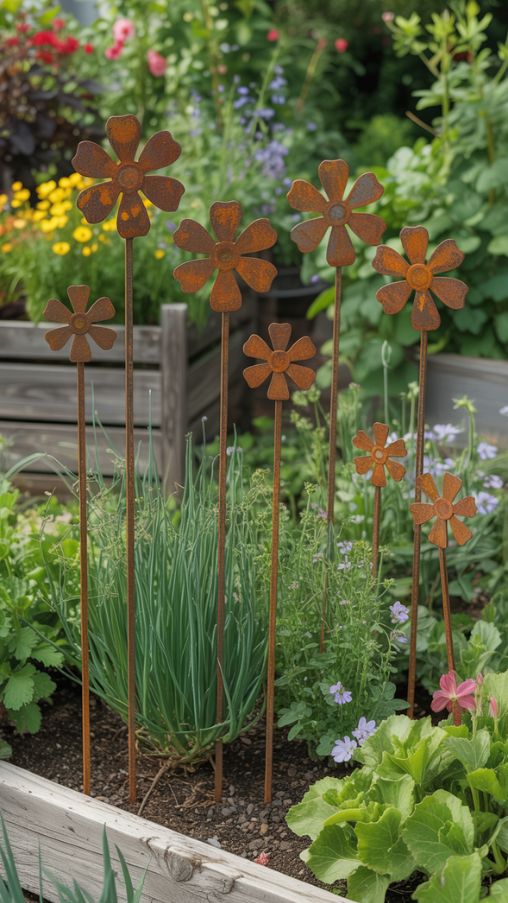 Rusty Metal Flower Stakes for Whimsical Garden Decor