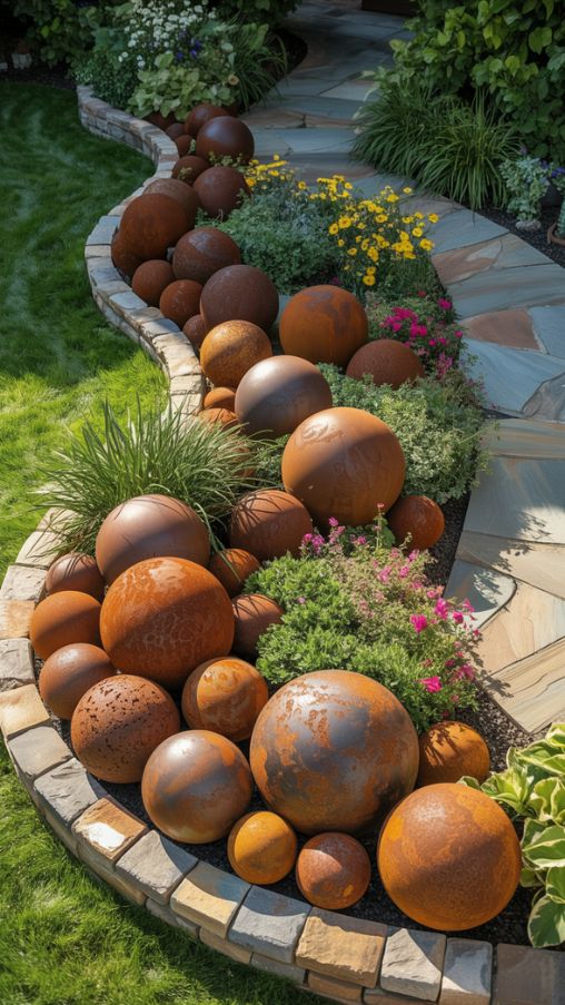 Rusty Metal Orbs and Balls for Layered Garden Decor