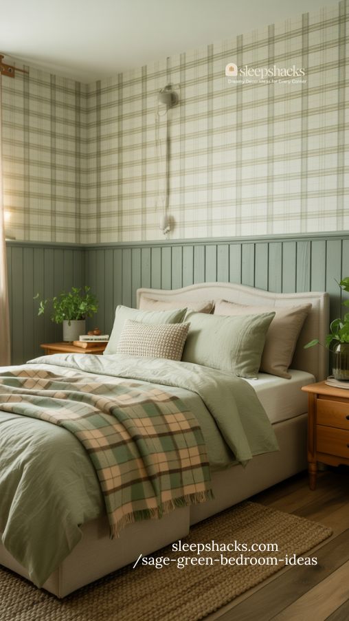 Sage Green Bedrooms with Plaid Accents