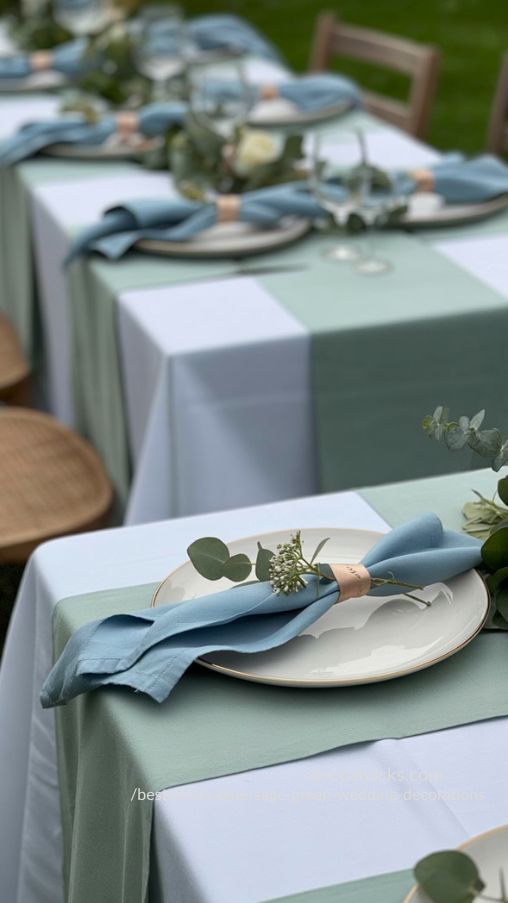Sage Green Table Runners with Dusty Blue Napkins