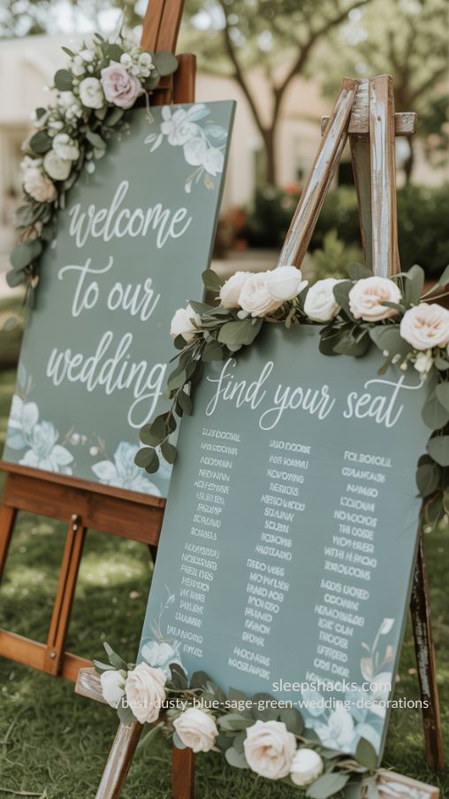 Sage Green and Dusty Blue Wedding Signage Ideas 