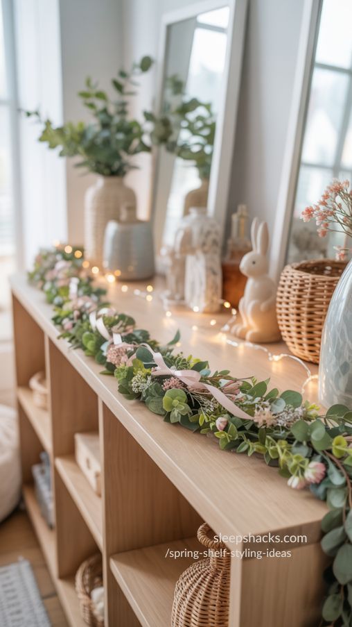 Seasonal Garland Draped Across Shelves – Cheerful Spring Styling Idea