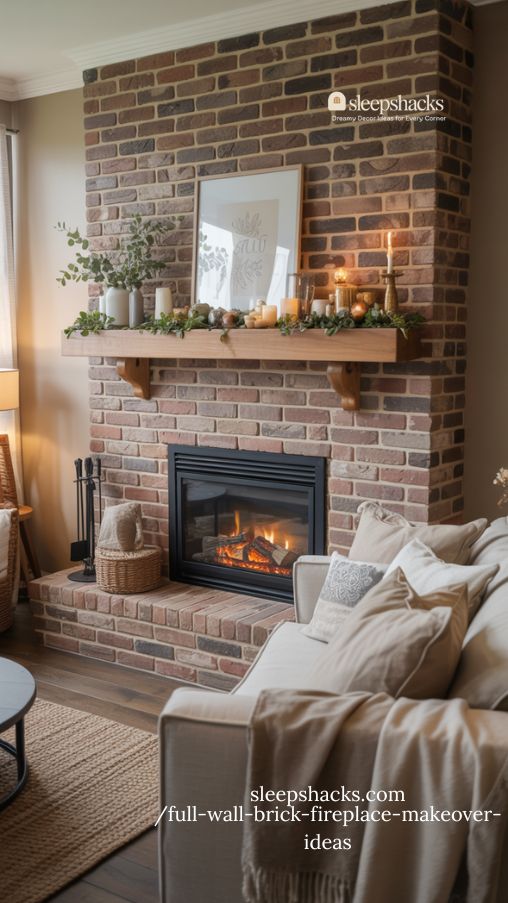 Seasonal Mantel Styling Ideas for a Full Wall Brick Fireplace