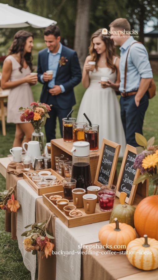 Seasonal-Themed Backyard Wedding Coffee Station with Specialty Drinks and Themed Decor